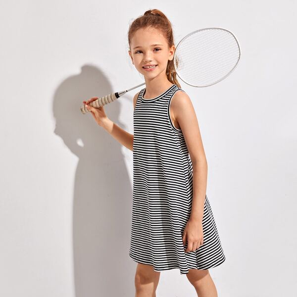 

Girls Striped Tank Dress, Black and white