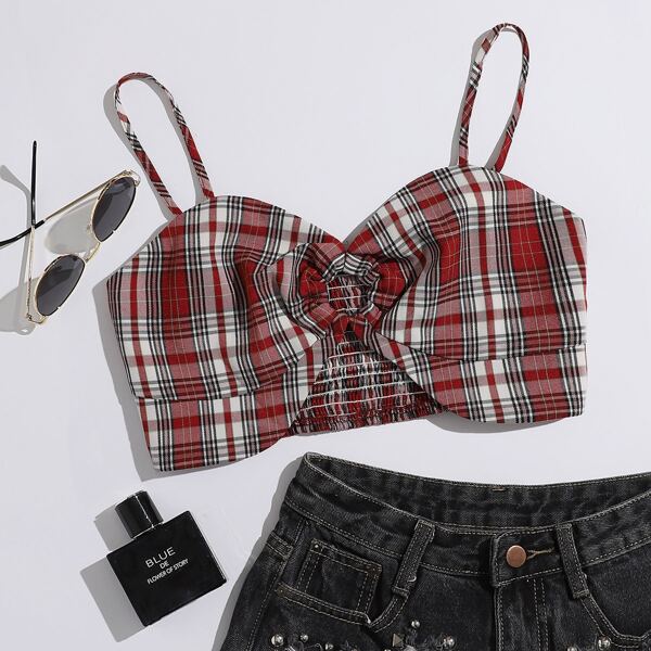 

Shirred Back O-ring Ruched Bust Tartan Crop Cami Top, Multicolor