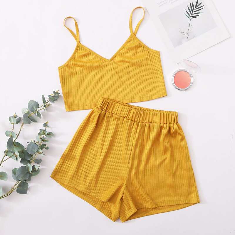 

Ribbed Cami & Shorts PJ Set, Mustard yellow