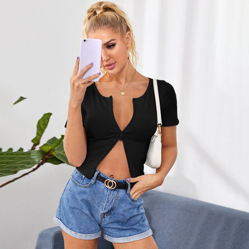 

Zip Up Rib-knit Tee, Black