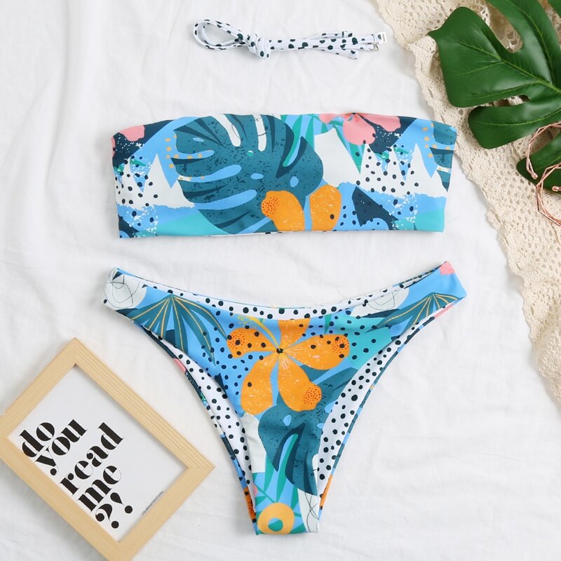 

Floral & Tropical Bandeau Bikini Swimsuit, Multicolor