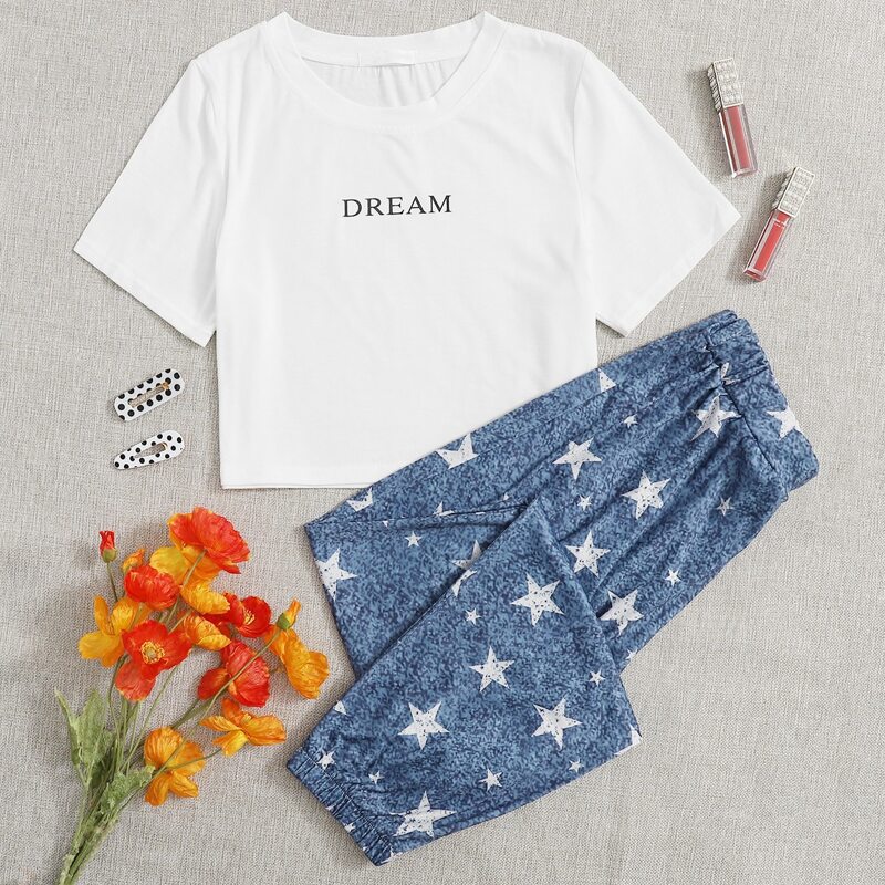 

Letter Tee & Star Print Pants PJ Set, Blue and white
