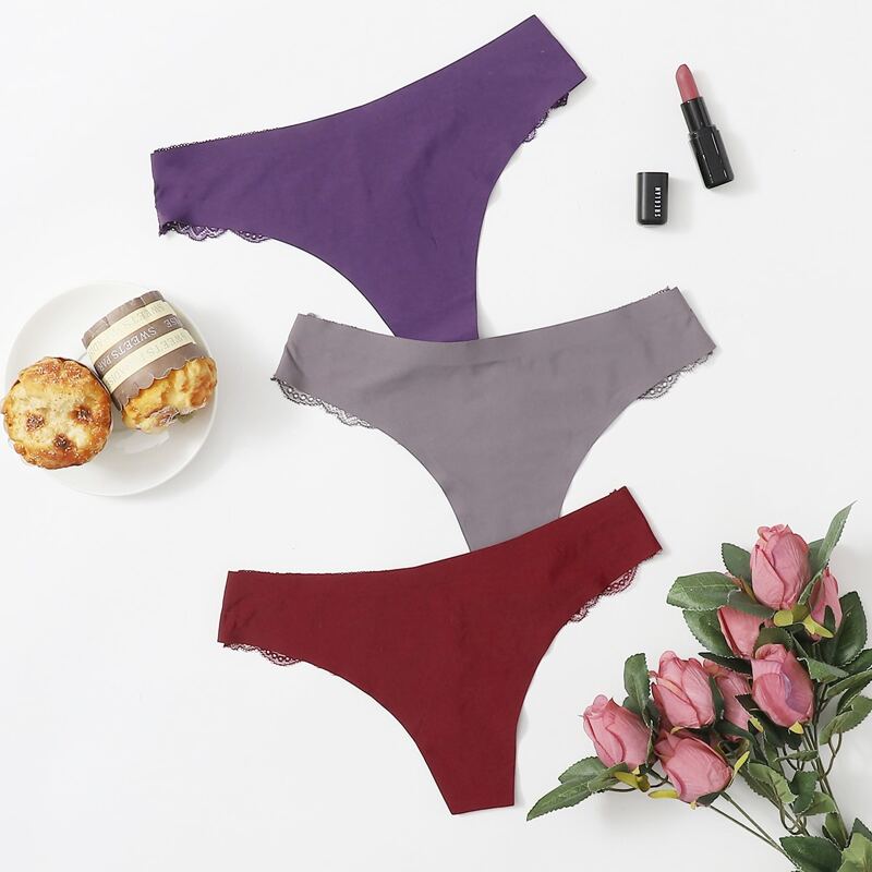 

3pack Lace Trim Seamless Thong Set, Multicolor