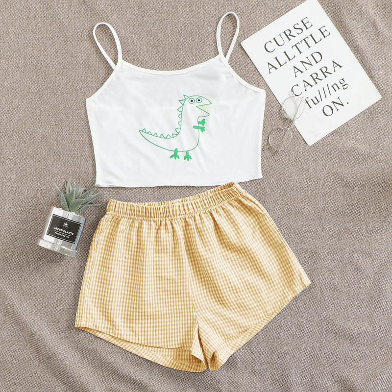 

Cartoon Print Cami & Gingham Shorts PJ Set, Multicolor