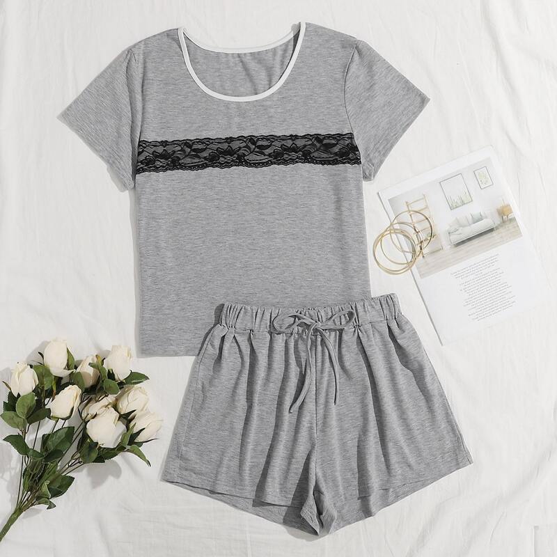 

Contrast Lace Tee & Shorts PJ Set, Grey