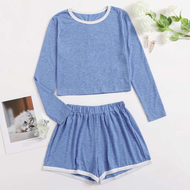 

Contrast Binding Tee & Shorts PJ Set, Blue