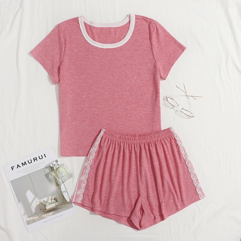 

Contrast Lace Shorts PJ Set, Dusty pink