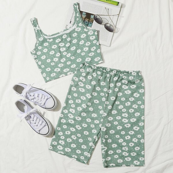 

Floral Print Tank Top & Shorts Set, Mint green