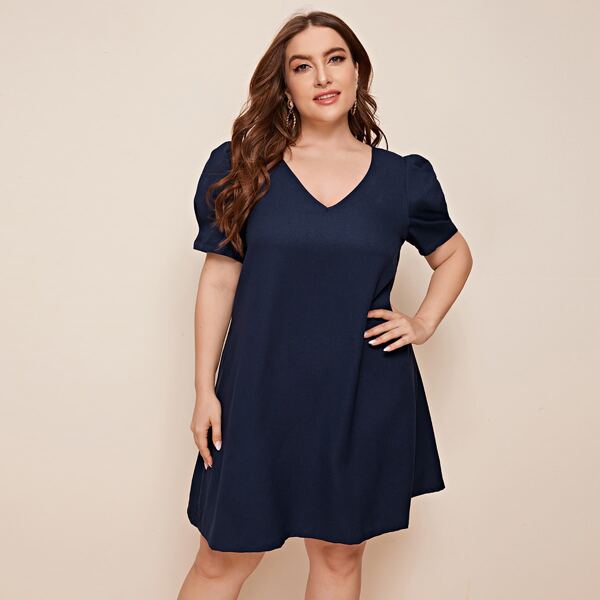 

Plus V Neck Puff Sleeve Solid Dress, Navy blue