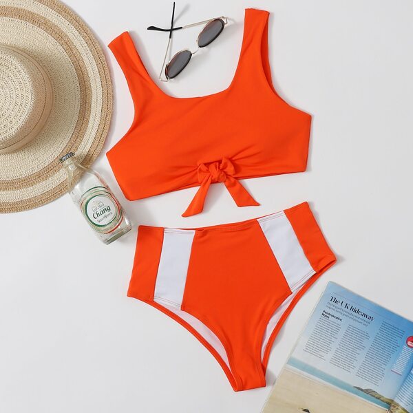

Knot Front High Waisted Bikini Swimsuit, Orange bright