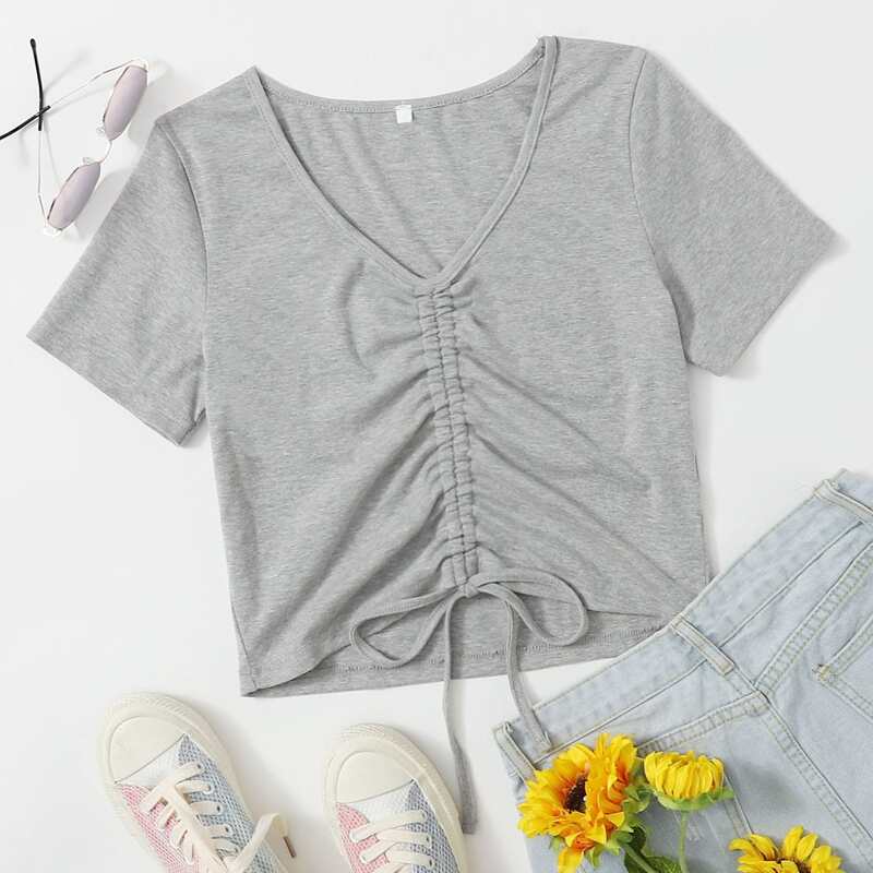 

Solid Drawstring Front Tee, Light grey