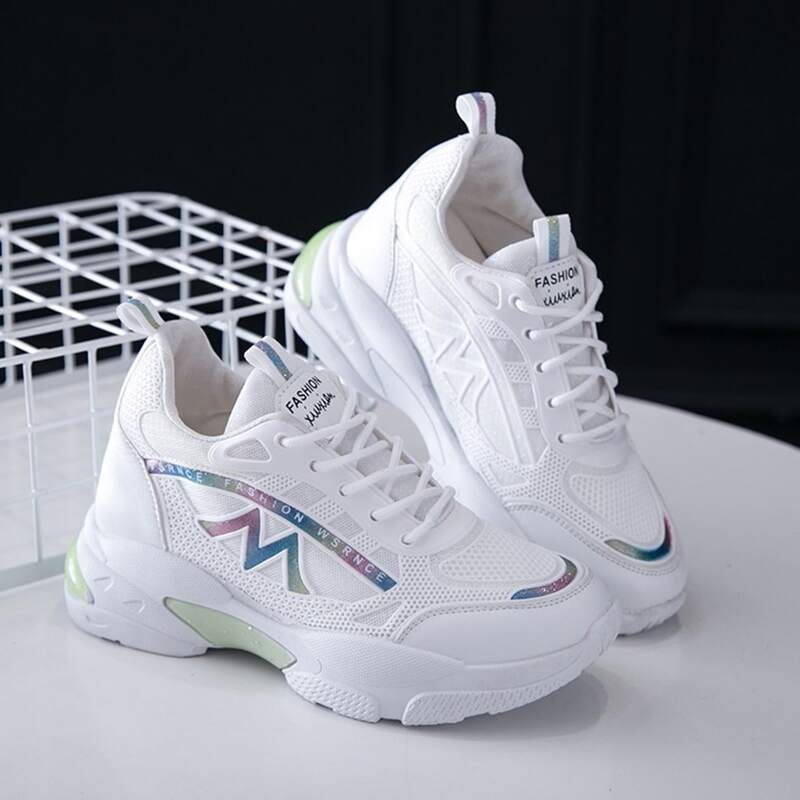 

Glitter Mesh Lace-up Chunky Sneakers, White