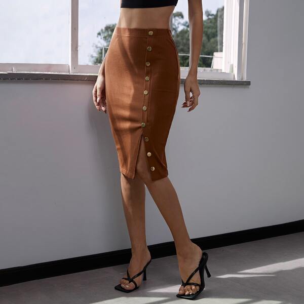 

Button Front Rib-knit Pencil Skirt, Rust brown