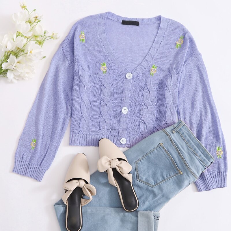 

Floral Embroidery Button Front Cable Knit Cardigan, Lilac purple