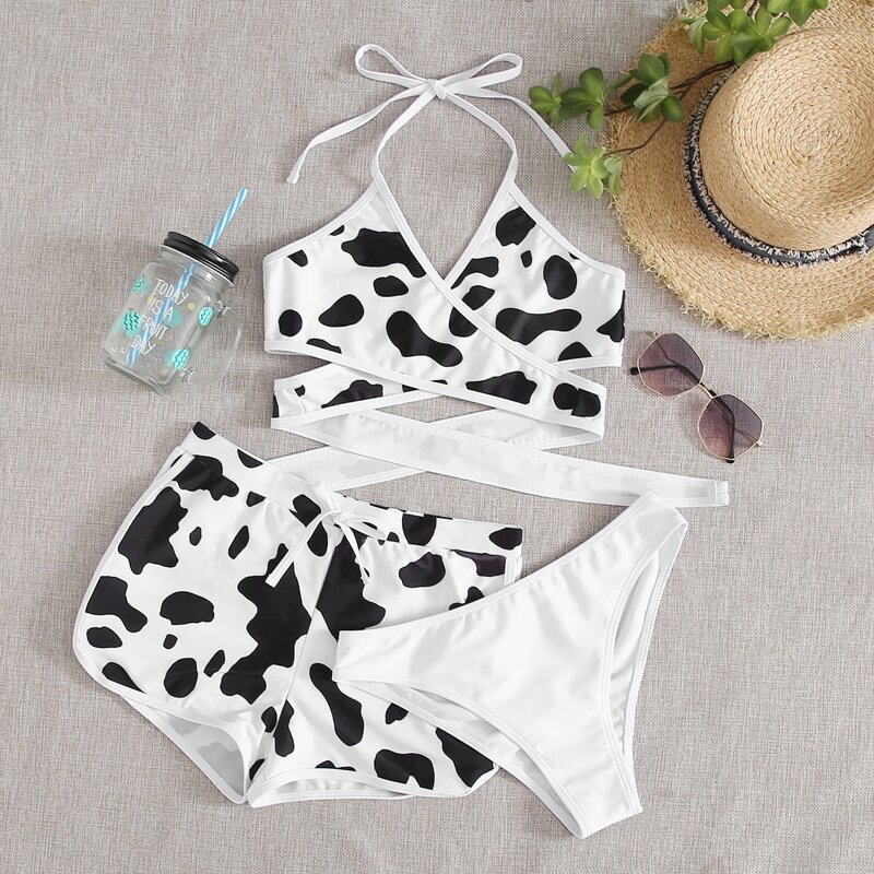 

3pack Cow Print Wrap Bikini Swimsuit & Shorts, Black and white