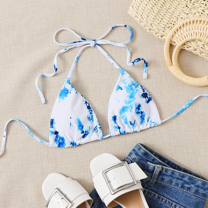 

Tie Dye Triangle Halter Bikini Top, Blue and white