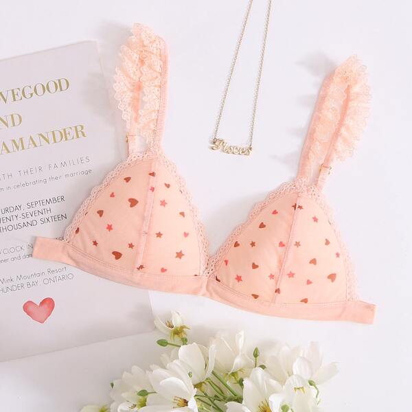 

Star & Heart Print Lace Trim Bralette, Baby pink