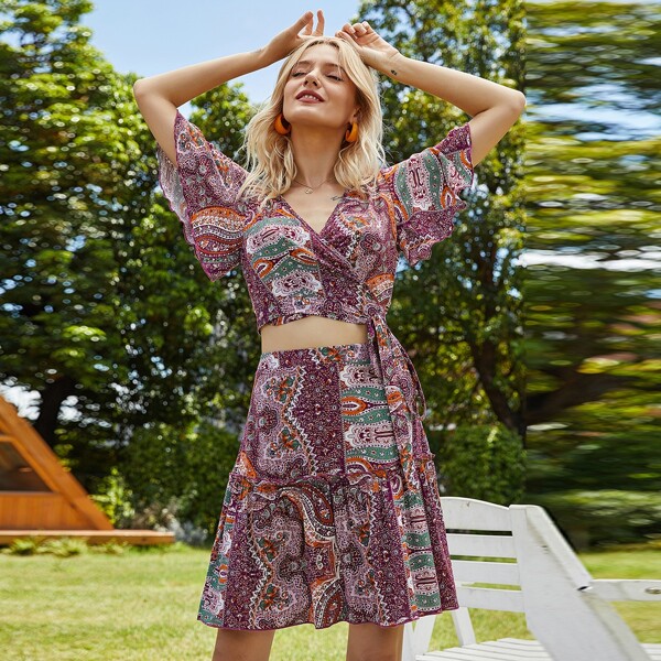 

Tribal Print Tie Side Wrap Top With Skirt, Multicolor