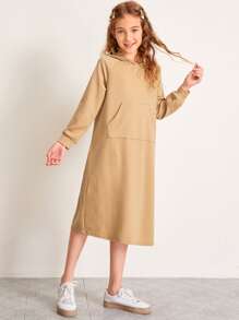SHEIN Girls Raglan Sleeve Kangaroo Pocket Sweatshirt Dress - Camel - View 1