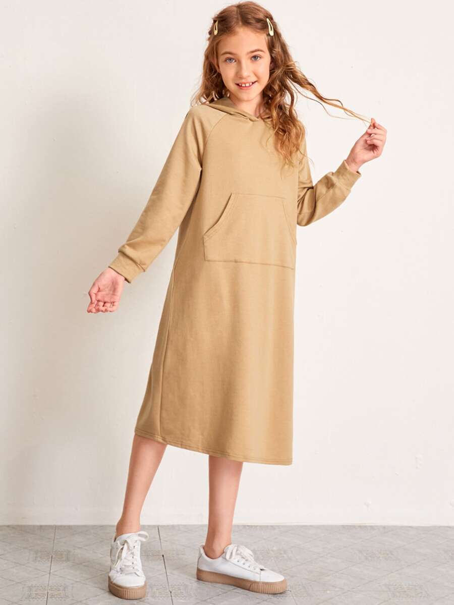 SHEIN Girls Raglan Sleeve Kangaroo Pocket Sweatshirt Dress - Camel - View 1