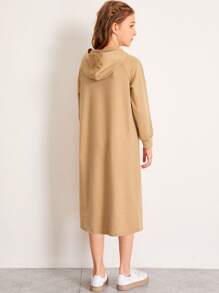 SHEIN Girls Raglan Sleeve Kangaroo Pocket Sweatshirt Dress - Camel - View 2