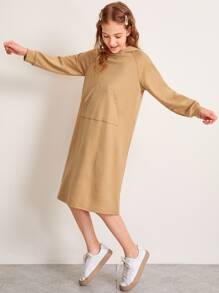 SHEIN Girls Raglan Sleeve Kangaroo Pocket Sweatshirt Dress - Camel - View 3