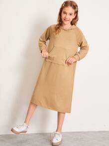 SHEIN Girls Raglan Sleeve Kangaroo Pocket Sweatshirt Dress - Camel - View 4