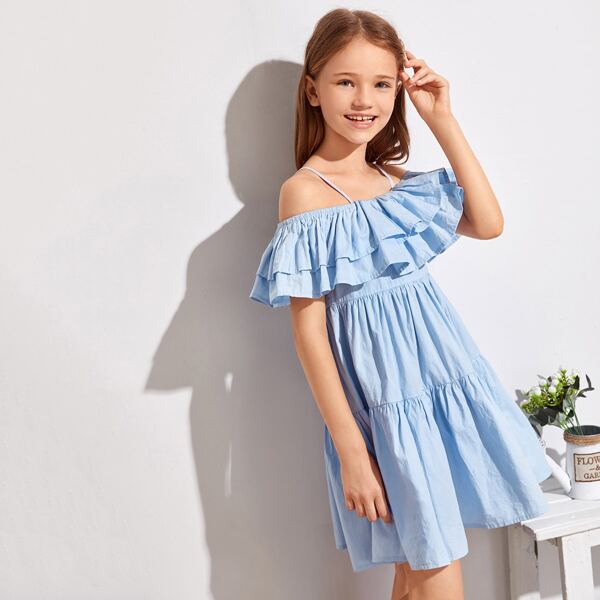 

Girls Layered Ruffle Trim Cold Shoulder Dress, Baby blue