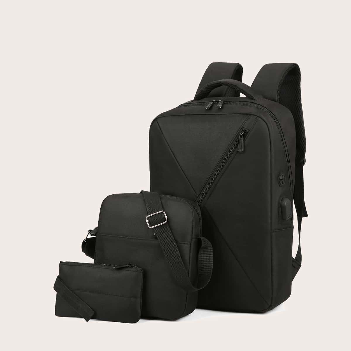 

3pcs Zipper Front Backpack With Crossbody Bag, Black