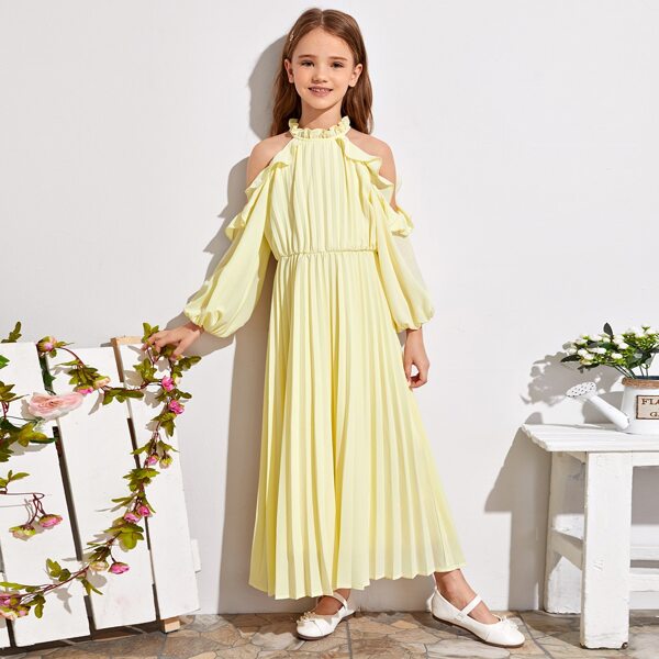 

Girls Frill Neck Cold Shoulder Ruffle Trim Pleated Dress, Yellow pastel