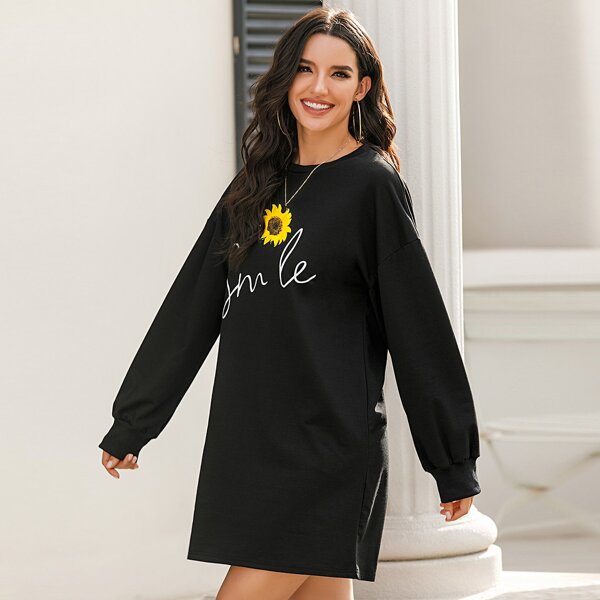 

Sunflower And Letter Graphic Drop Shoulder Sweatshirt Dress, Black