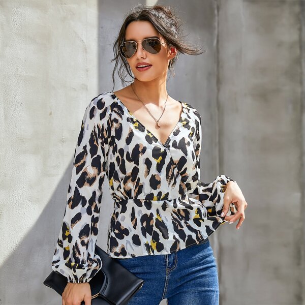 

All Over Print Surplice Front Babydoll Blouse, Multicolor