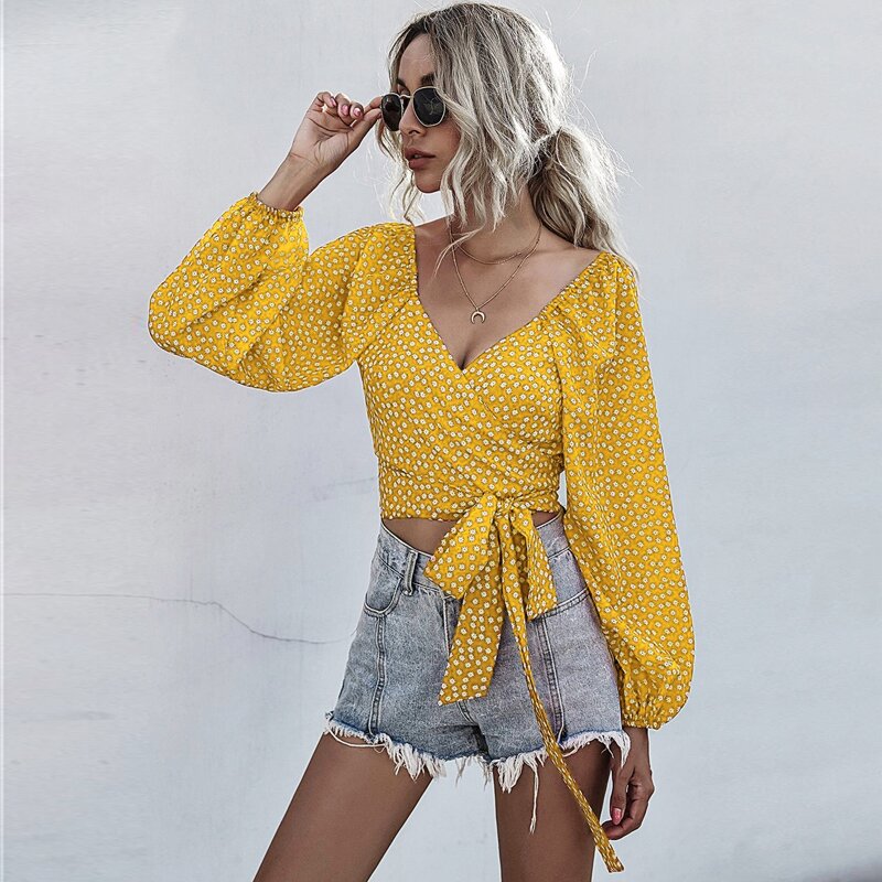 

Ditsy Floral Wrap Knot Crop Blouse, Yellow