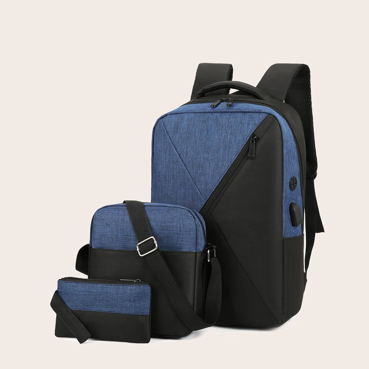

3pcs Zipper Front Backpack With Crossbody Bag, Blue