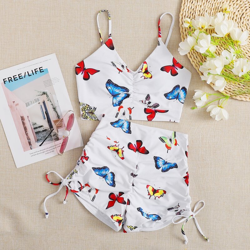

Butterfly Print Drawstring Shorts Bikini Swimsuit, Multicolor