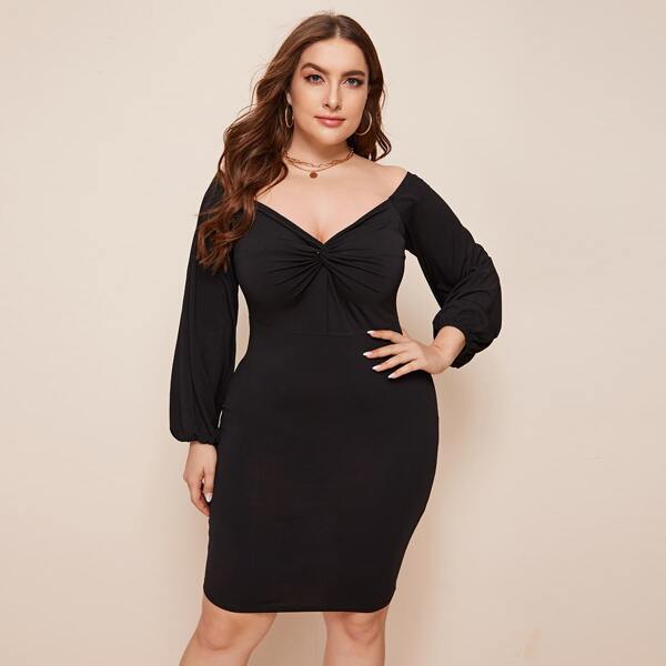 

Plus Twist Front Lantern Sleeve Bodycon Dress, Black
