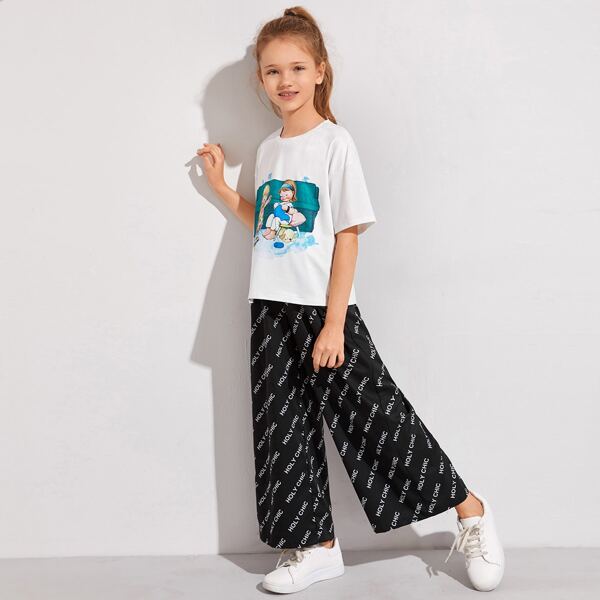 

Girls Drop Shoulder Tee and Letter Graphic Wide Leg Pants Set, Black and white