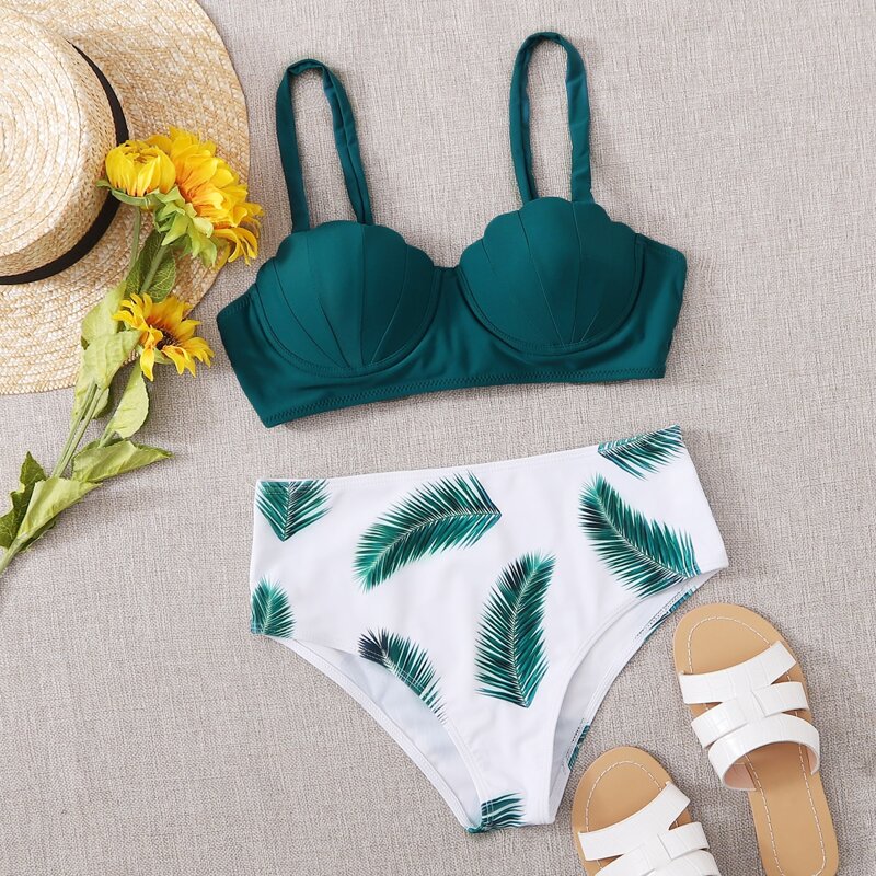 

Palm Print Push Up High Waisted Bikini Swimsuit, Teal blue