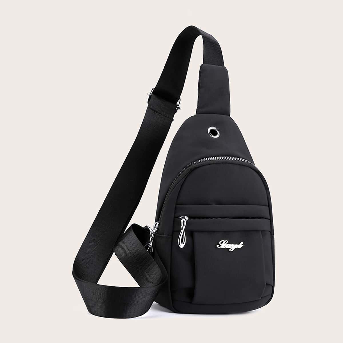 

Metal Letter Decor Zipper Front Sling Bag, Black