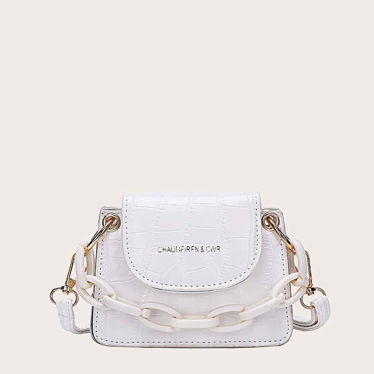 

Mini Croc Embossed Chain Handle Satchel Bag, White