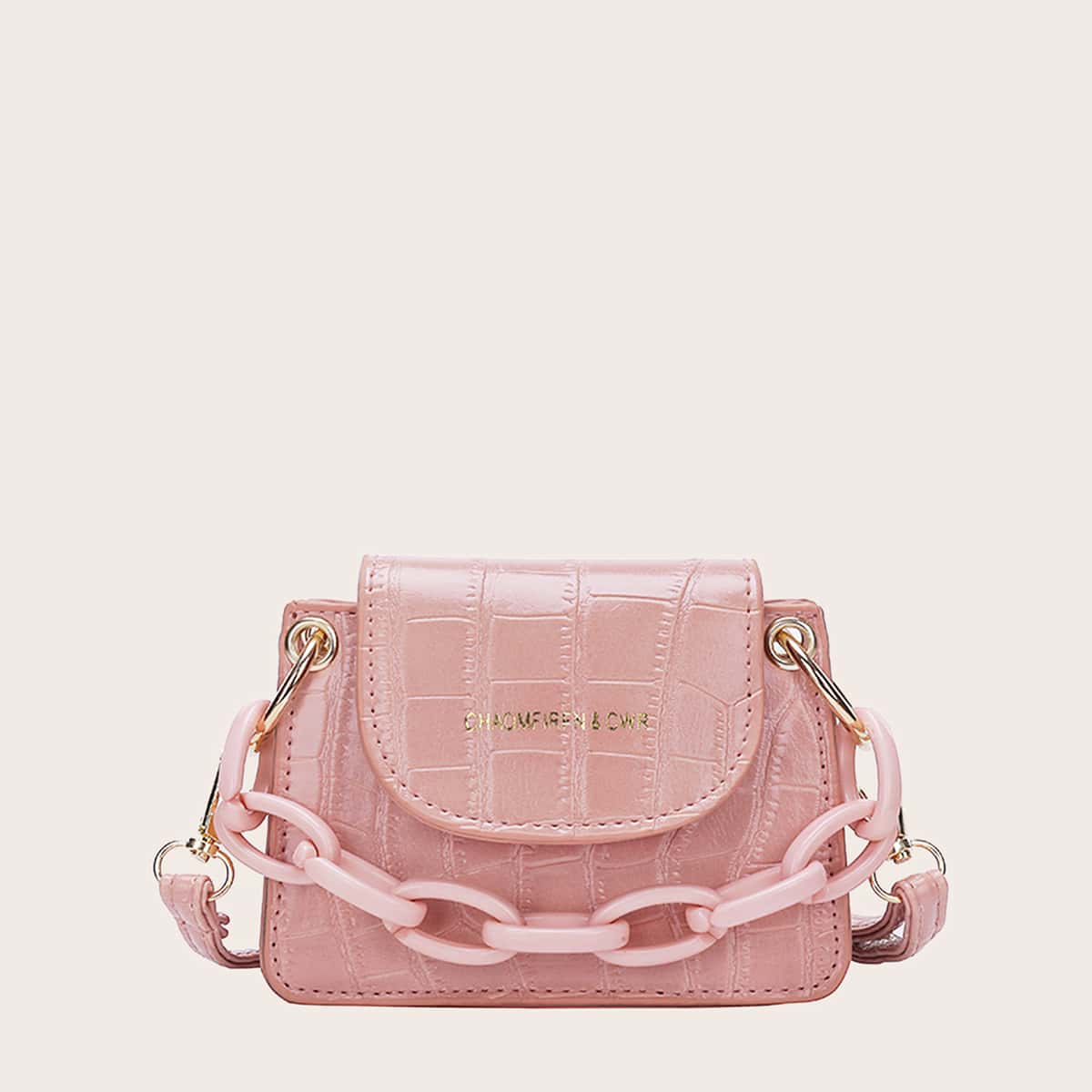 

Mini Croc Embossed Chain Handle Satchel Bag, Pink