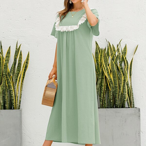 

Contrast Eyelet Embroidery Ruffle Tunic Dress, Lime green