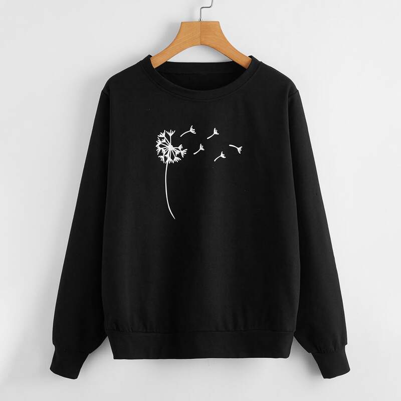 

Dandelion Print Round Neck Sweatshirt, Black