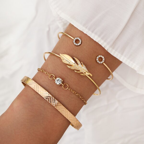 

4pcs Leaf Rhinestone Bracelet, Gold