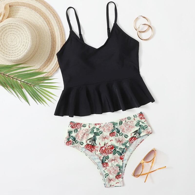 

Floral Ruffle Hem Bikini Swimsuit, Multicolor