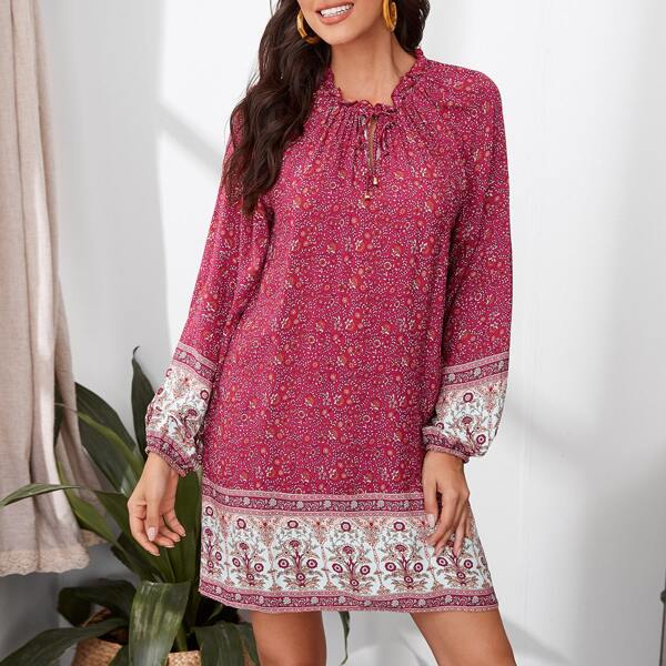 

Tie Neck Floral & Tribal Print Tunic Dress, Rose red