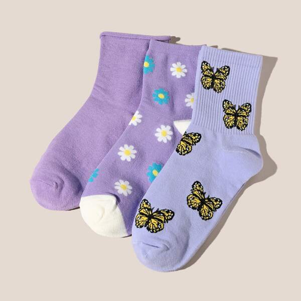

3pairs Flower Pattern Socks, Purple