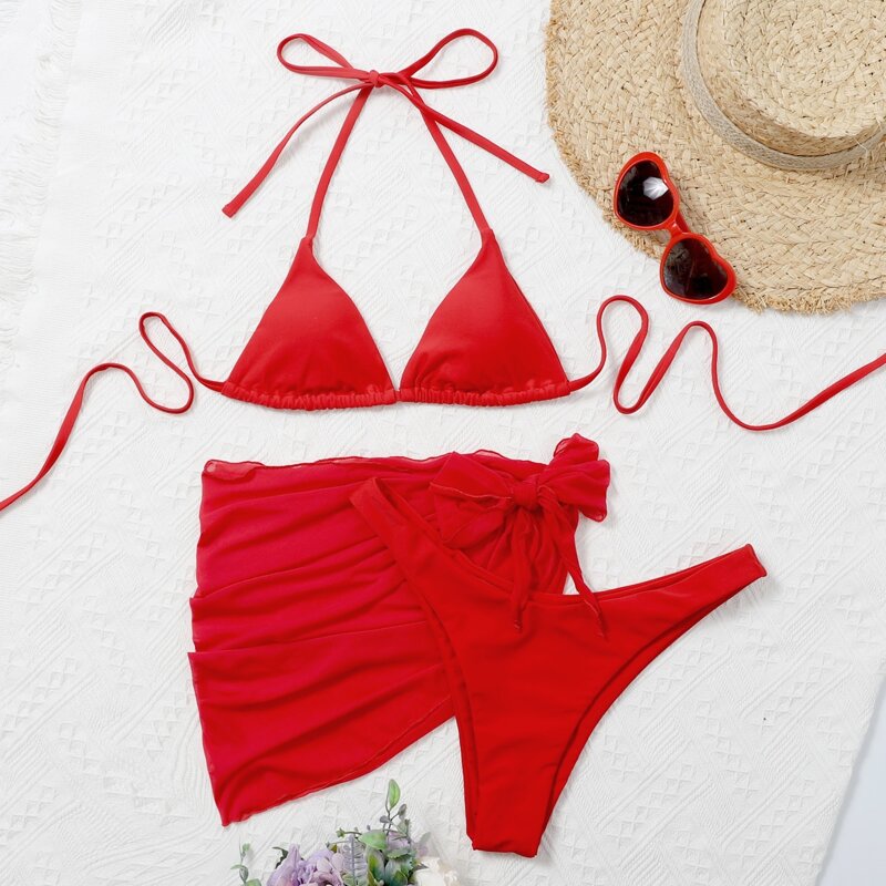 

3pack Triangle High Cut Bikini Swimsuit & Beach Skirt, Red