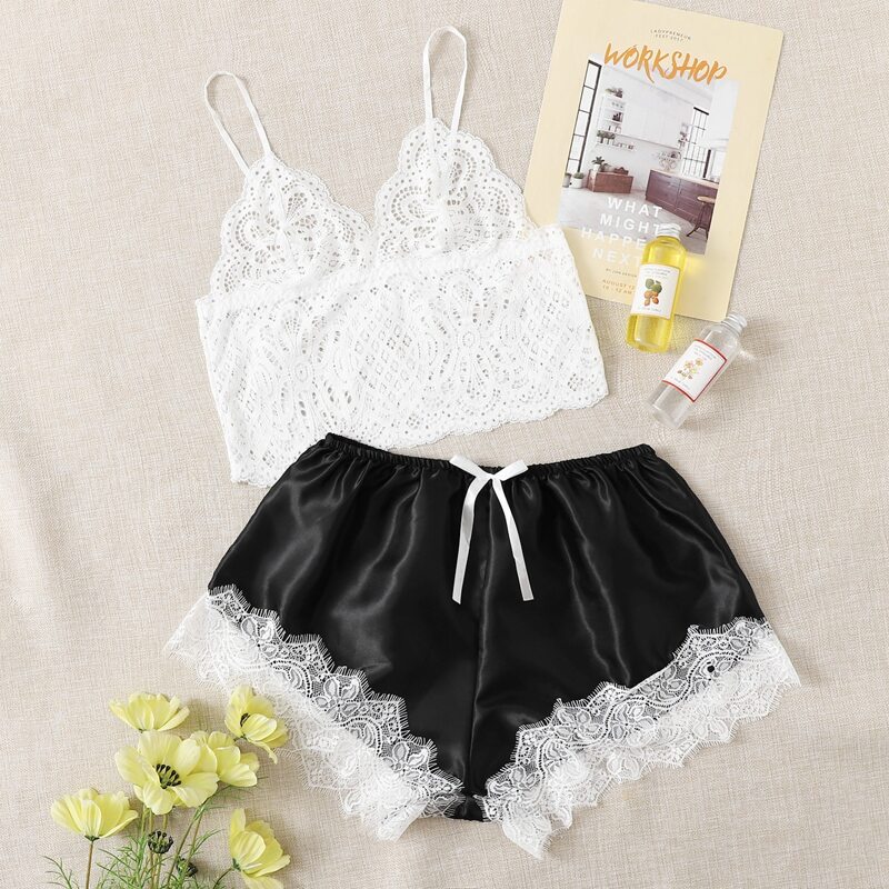 

Lace Bralette & Satin Shorts, Black and white