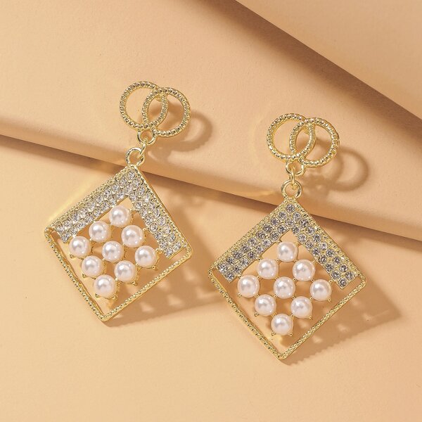 

Rhinestone Inlaid Geometric Drop Earrings, Gold